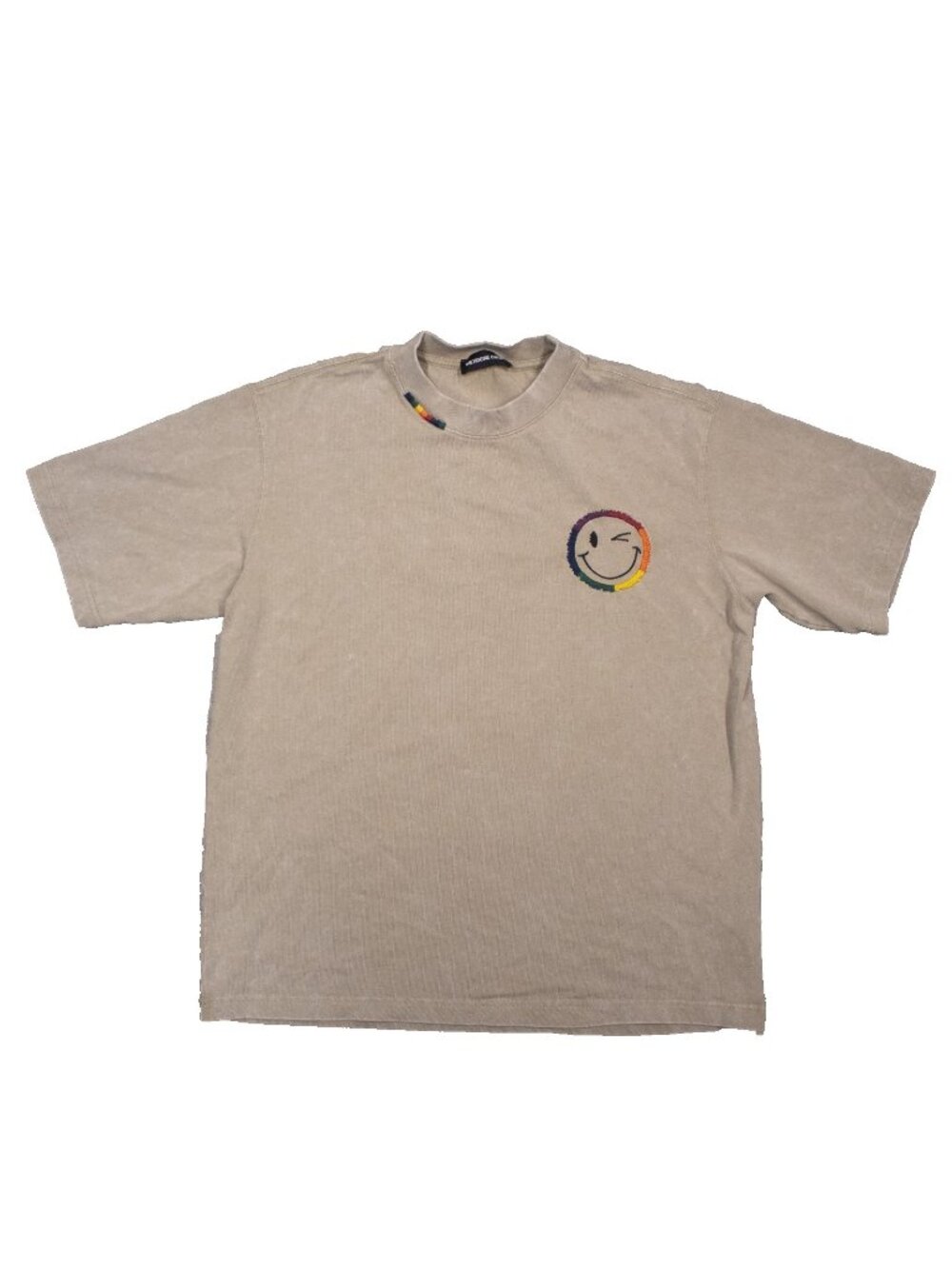 WE11 DONE x CIKSHR T-Shirt Beige Short Sleeve Cotton Smiley Face Logo Small